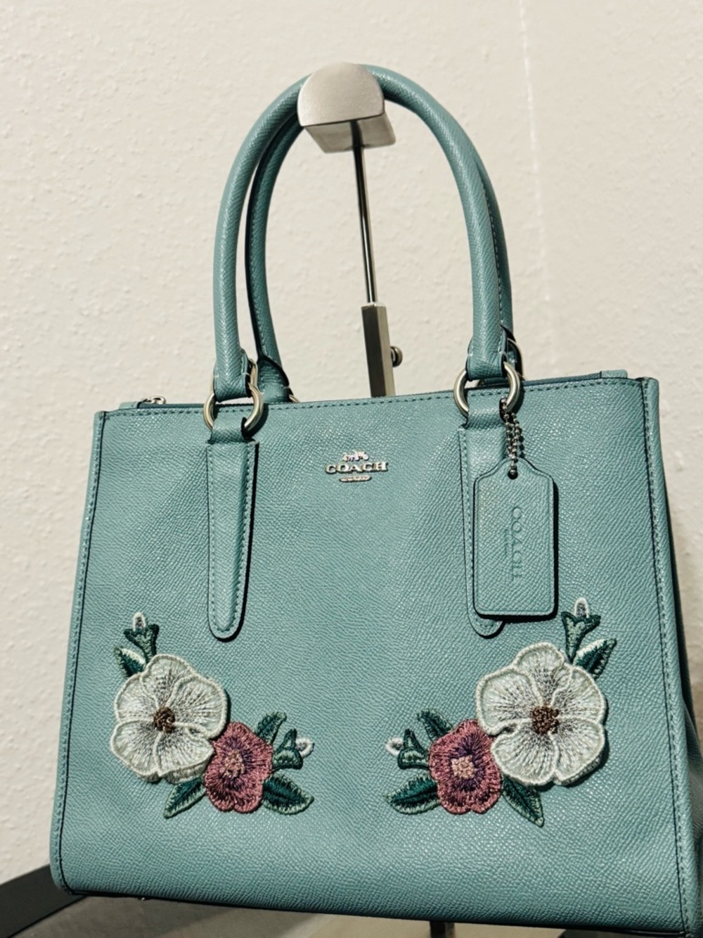 COACH Light Blue  Floral Applique Leather Satchel with Top Handles - Picture 8 of 16